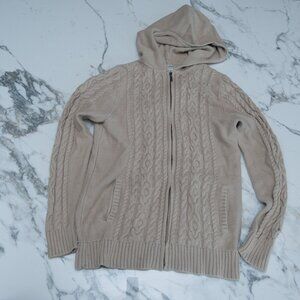 Ladies LL Bean Cable Knit Hooded Zip Cotton Fisherman Sweater Oatmeal Medium